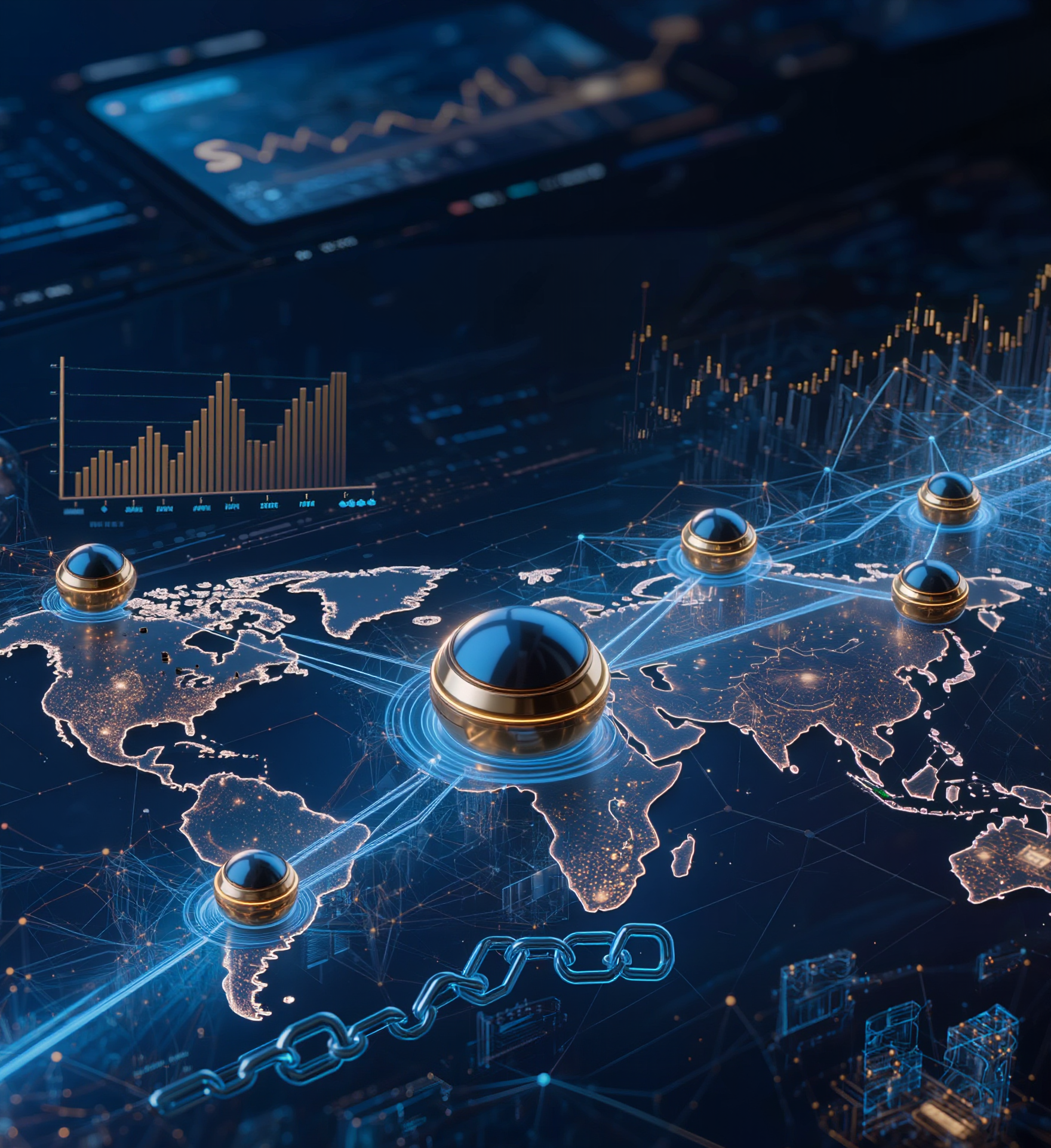 futuristic global business network, interconnected digital nodes across continents,blockchain technology visualisation, financial innovation