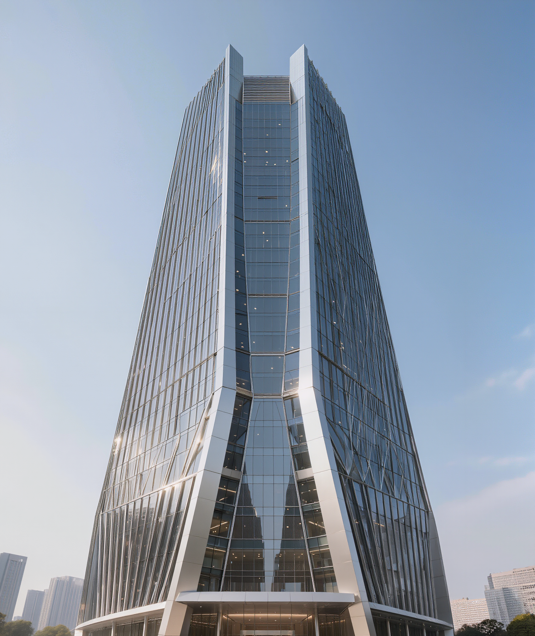 Global business headquarters, modern corporate tower, international consulting company, clean professional architecture