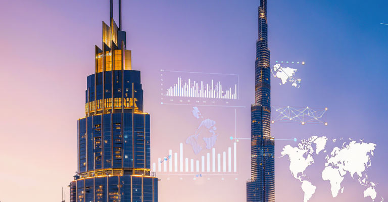Modern skyline at sunset, financial district, futuristic architecture, digital data overlays, global investment and technology concept, premium corporate luxury business atmosphere