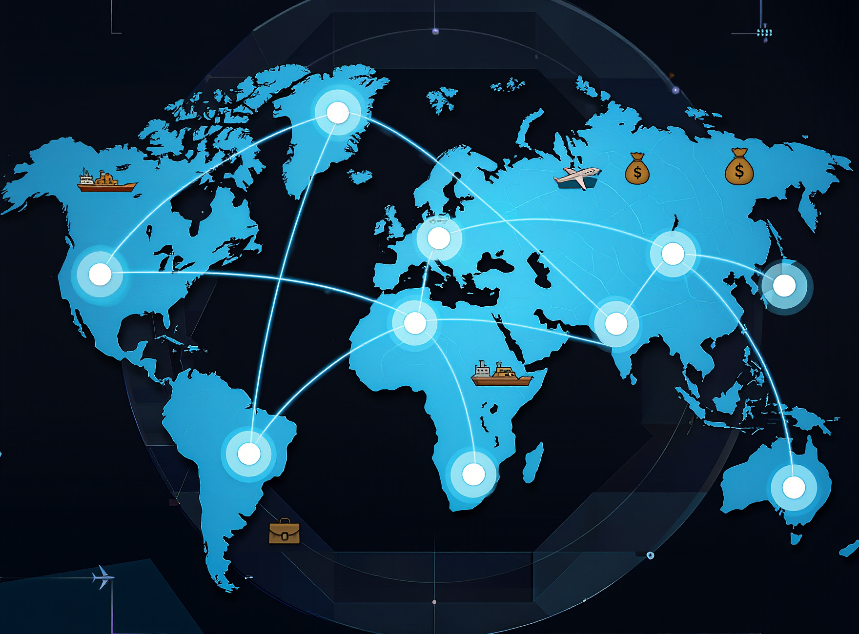 World map with digital connections, global trade routes, financial centers connected through technology, international business network, futuristic corporate ecosystem, premium consulting firm aesthetic