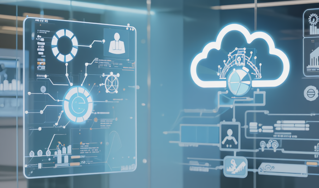 Business transformation through technology, data visualization, cloud platforms, automation systems, digital innovation, enterprise modernization, premium corporate style